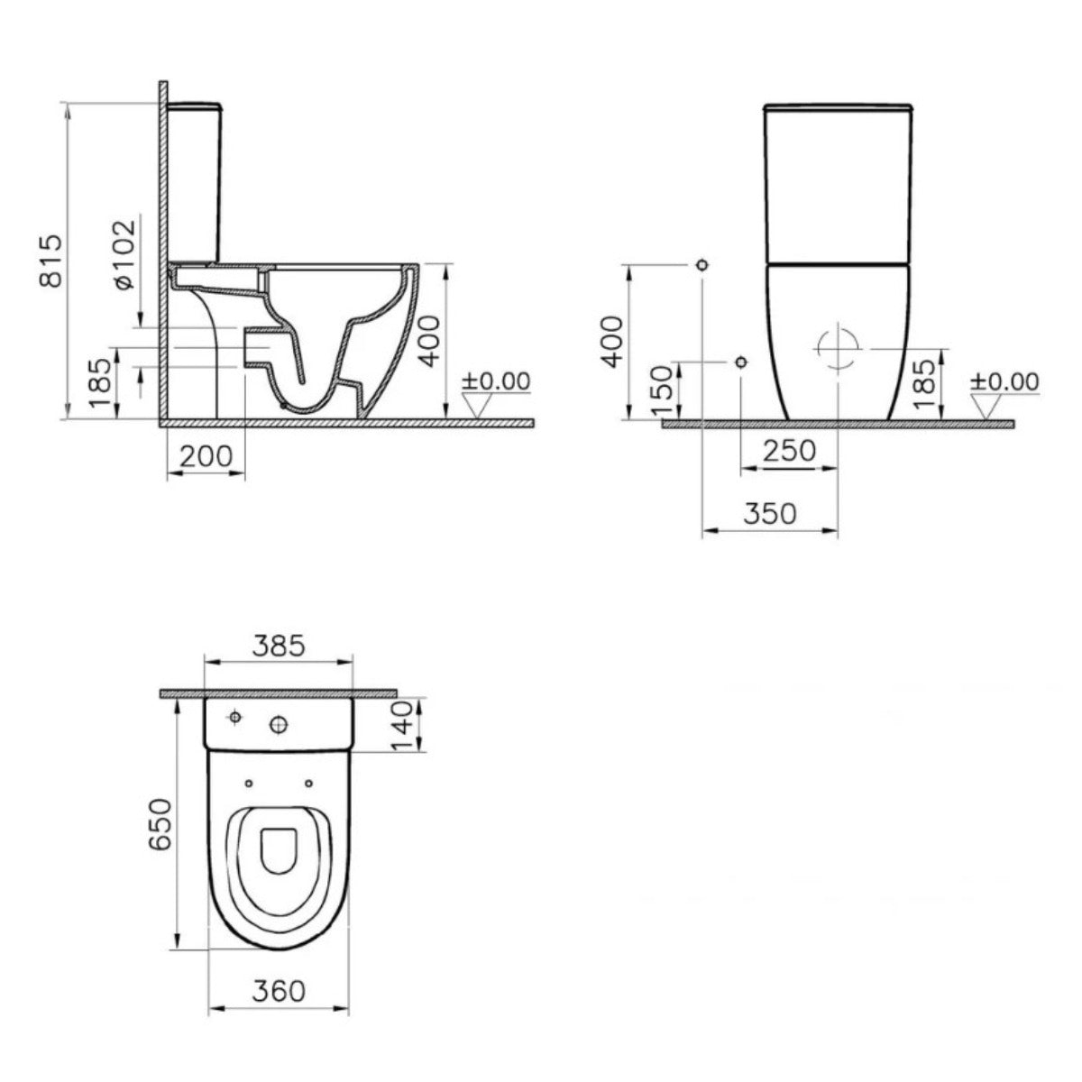 Vitra Sento Rimless Open Back Toilet with Soft Close Seat - Technical drawing