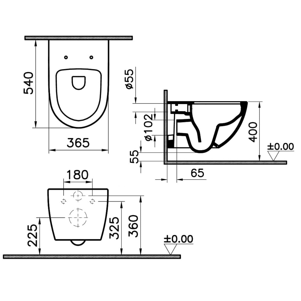 Vitra Sento Rimless Wall Hung Toilet and Soft Close Seat - Technical drawing