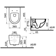 Vitra Sento Rimless Wall Hung Toilet and Soft Close Seat - Technical drawing