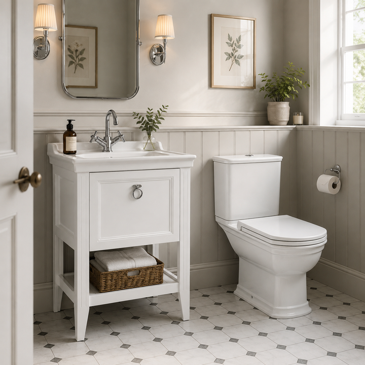 VitrA Valarte 650mm floor standing vanity unit in matt white with one soft-close drawer, chrome handle and white ceramic basin.