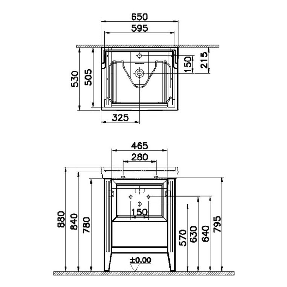 Vitra Valarte 650mm 1 Drawer Washbasin Unit inc Basin - Matt White - Technical drawing