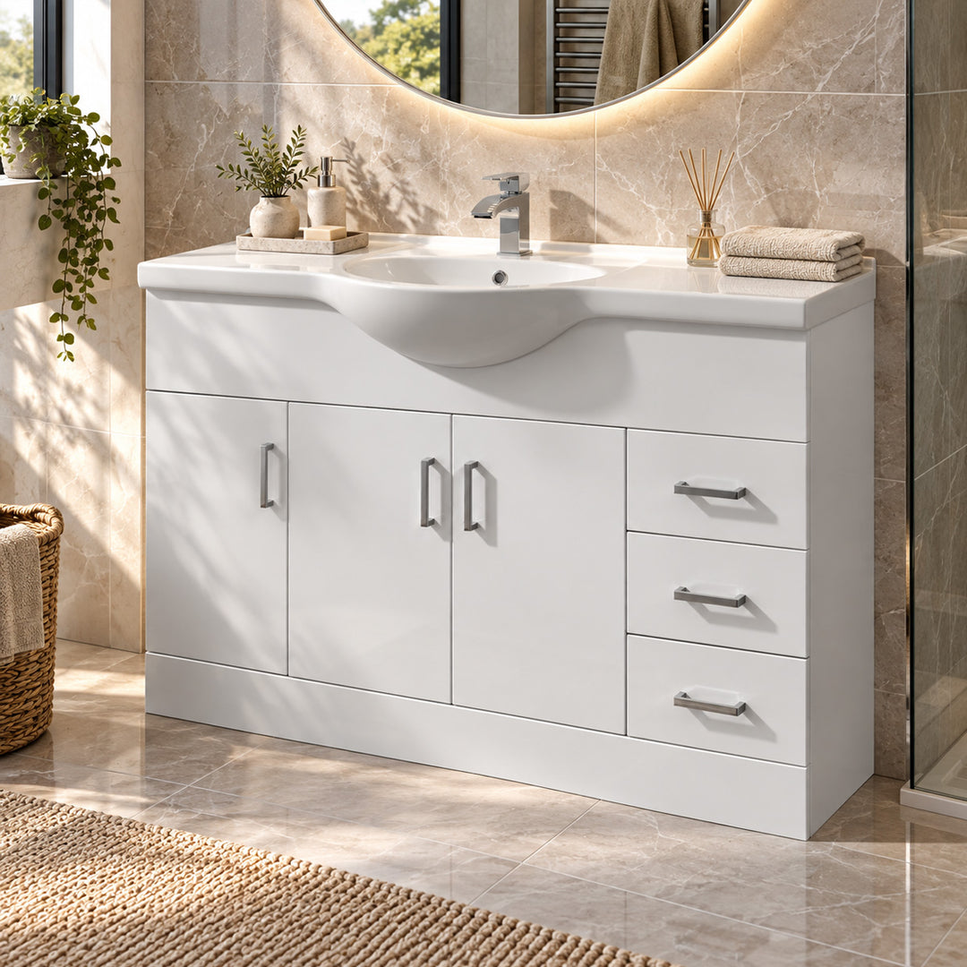 Nuie Mayford 1200mm Floor Standing Vanity Unit & Basin - Gloss White