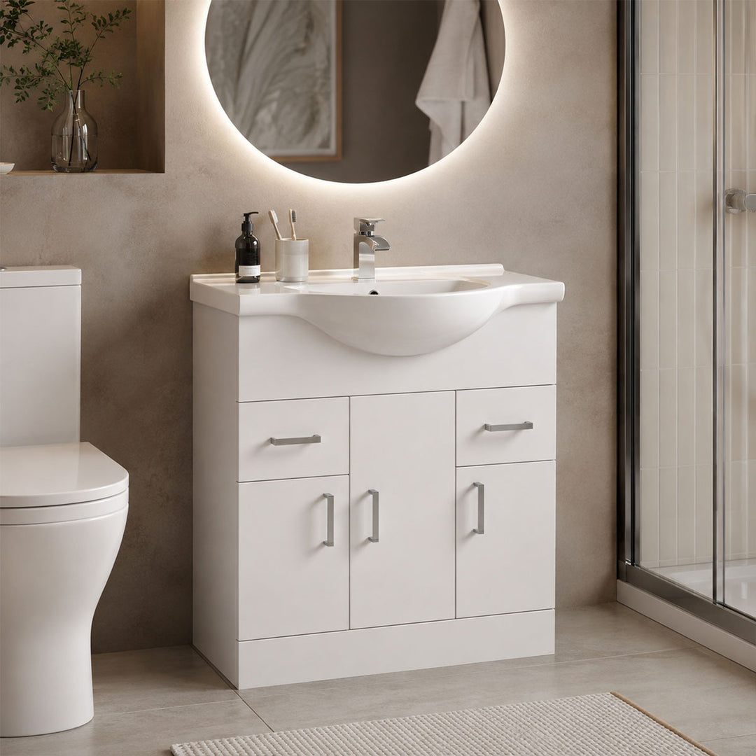 Nuie Mayford 750mm Floor Standing Gloss White Cabinet & Ceramic Round Basin