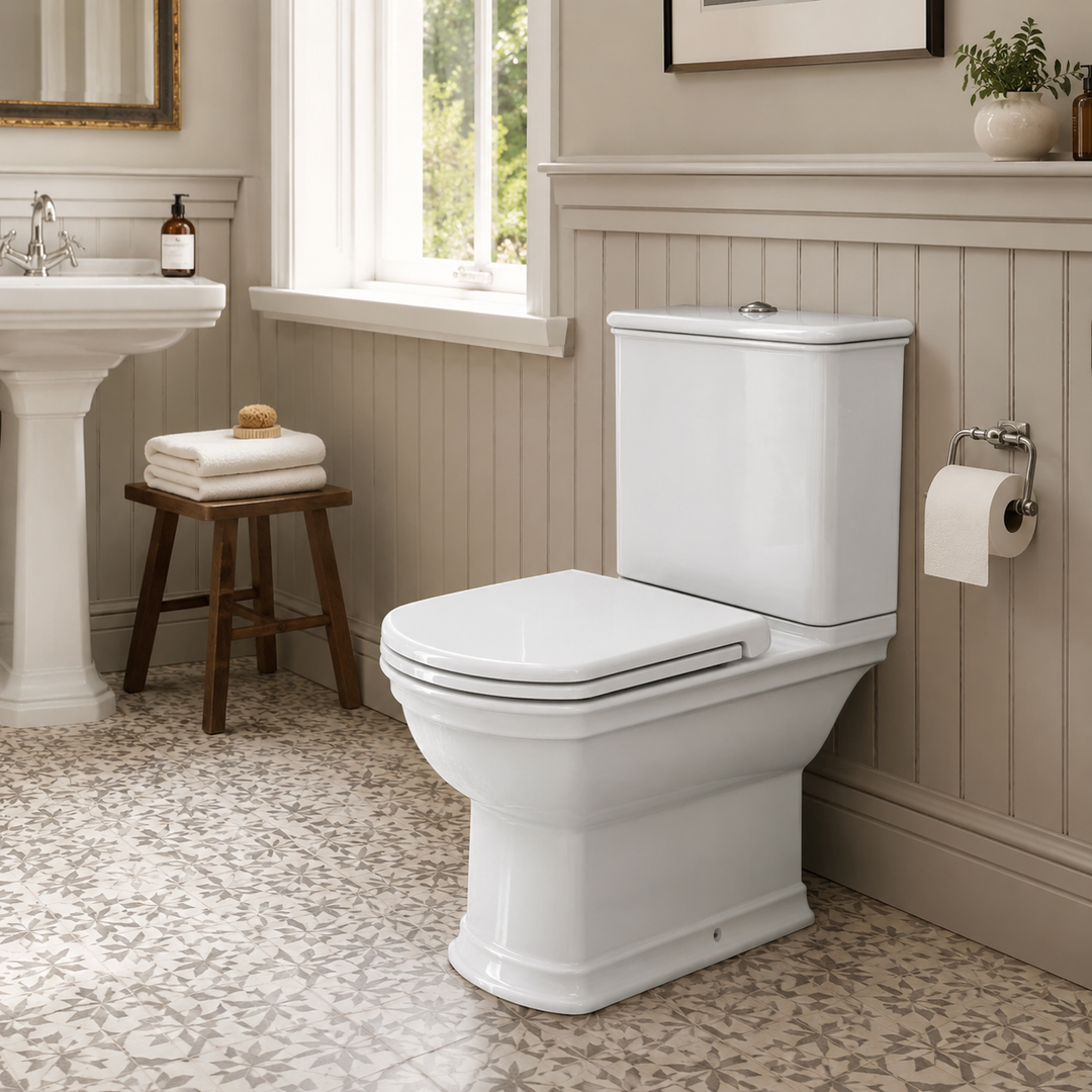 Classic White Close Coupled Open Back Toilet with Soft Close Seat