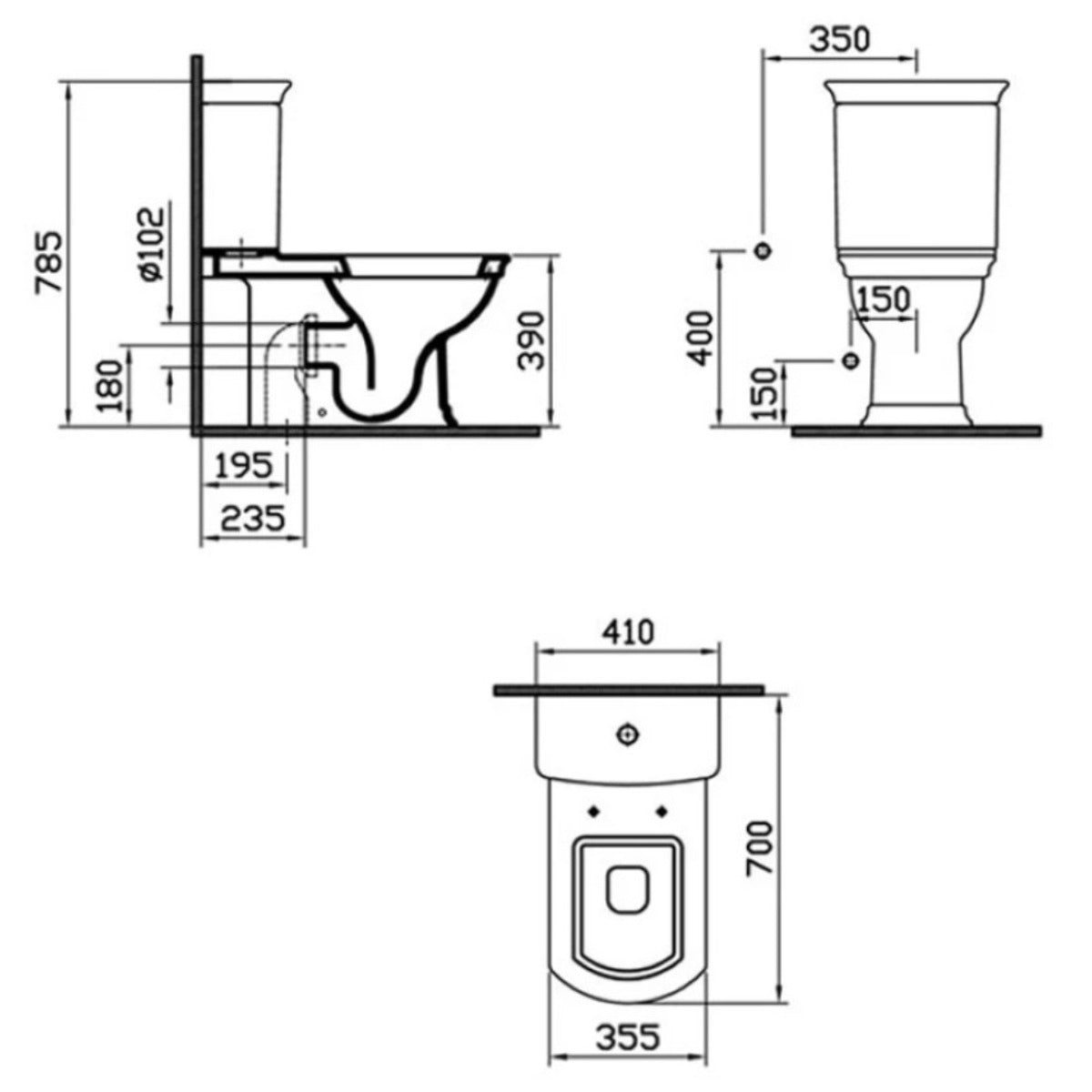 Vitra Valarte Close Coupled Open Back Toilet with Soft Close Seat - Technical drawing