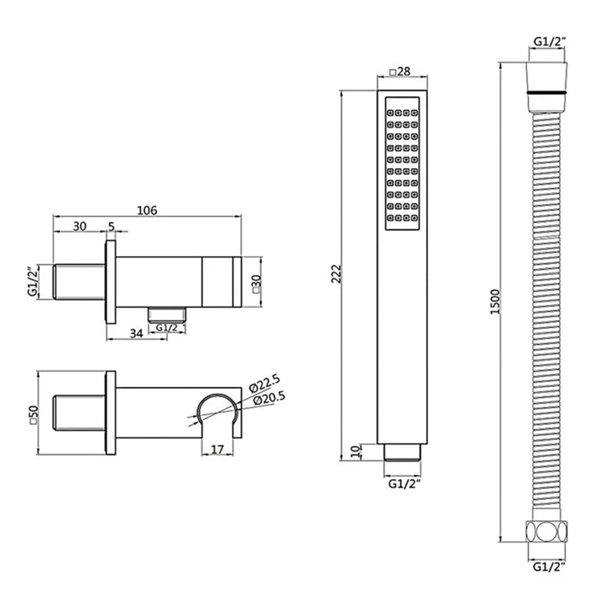 Square Shower Outlet, Hose and Head - Black - Technical drawing