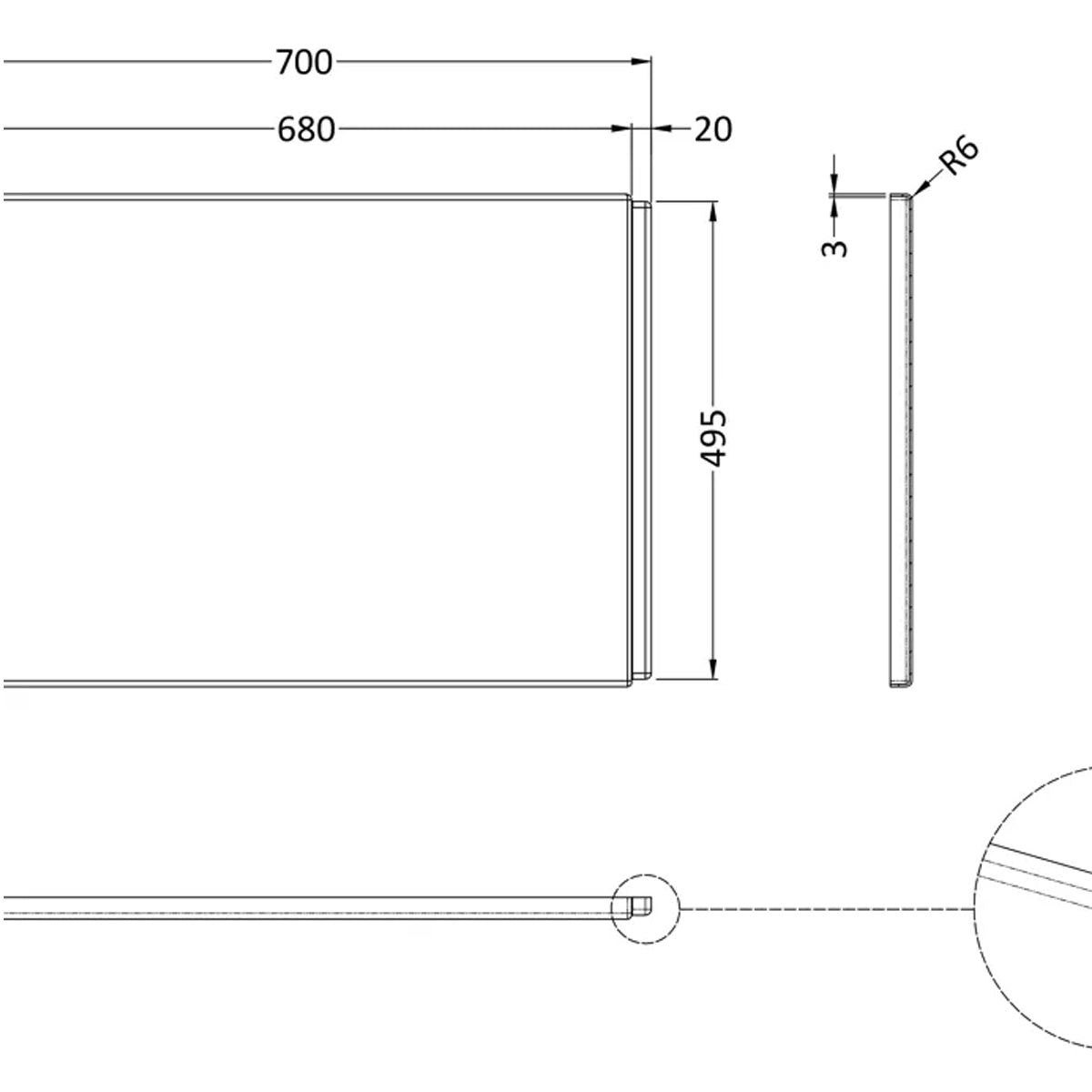 P Shaped 700mm End Panel - Technical drawing