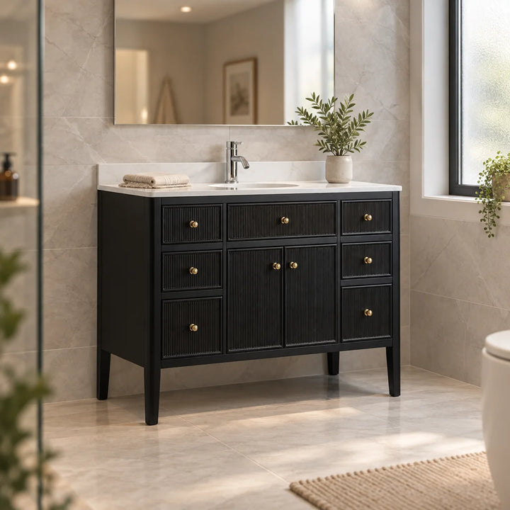 Wilde Fluted 1220mm floor standing vanity unit in black with gold knobs, white marble top and integrated basin, styled in a neutral tiled bathroom