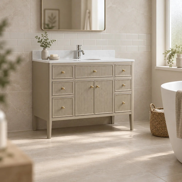 Wilde Fluted 1220mm floor standing vanity unit in sand with brass knobs, marble top and basin, shown in a neutral tiled bathroom