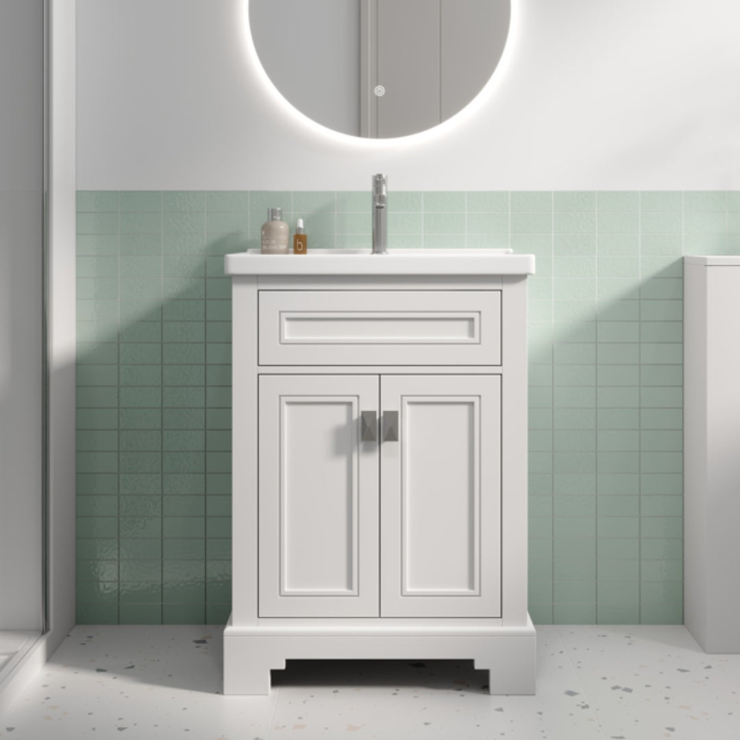 Windsor 600mm traditional floor standing vanity unit in matt white with two cupboard doors and coordinating white basin.