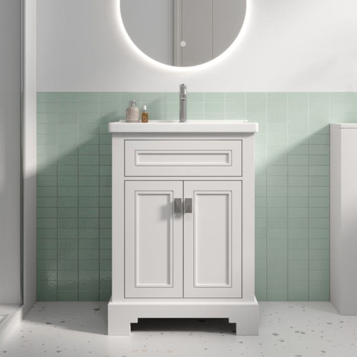 Windsor 600mm traditional floor standing vanity unit in matt white with two cupboard doors and coordinating white basin.