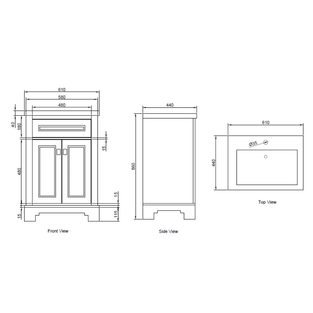 Windsor 600mm Traditional Floor Standing Vanity Unit Inc Basin - Matt White - Technical drawing