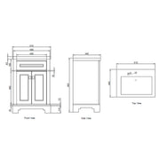Windsor 600mm Traditional Floor Standing Vanity Unit Inc Basin - Matt White - Technical drawing