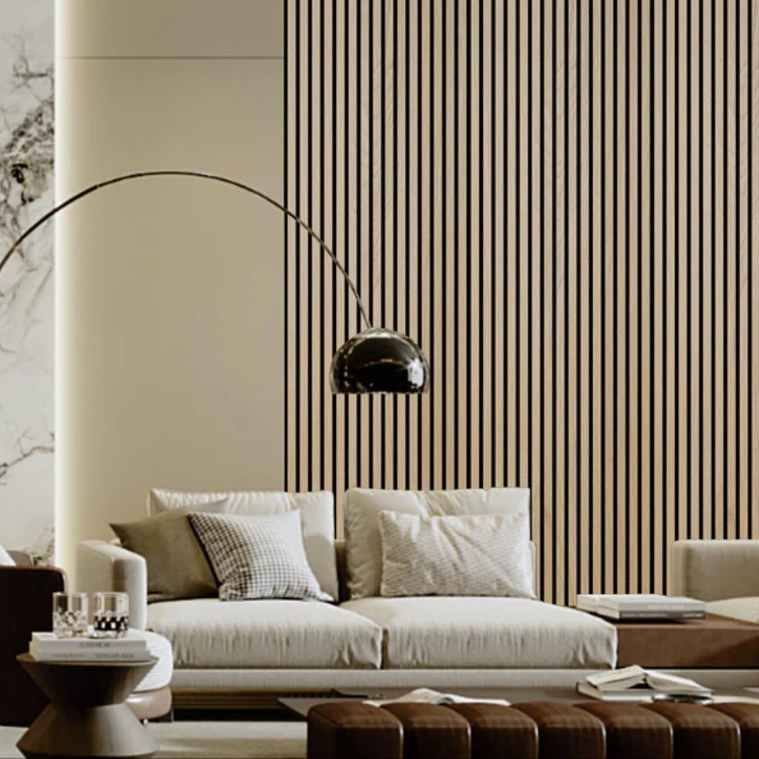 Acoustic Wall Panel 600 x 2400mm in Natural Oak Woodgrain with HDF slats and acoustic felt backing, ideal for creating stylish feature walls with improved sound absorption.