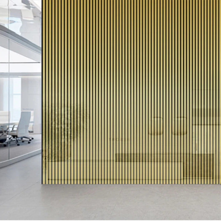 Acoustic Wall Panel 600 x 2400mm in a shiny gold finish with HDF slats and acoustic felt backing, ideal for creating stylish feature walls with improved sound absorption.