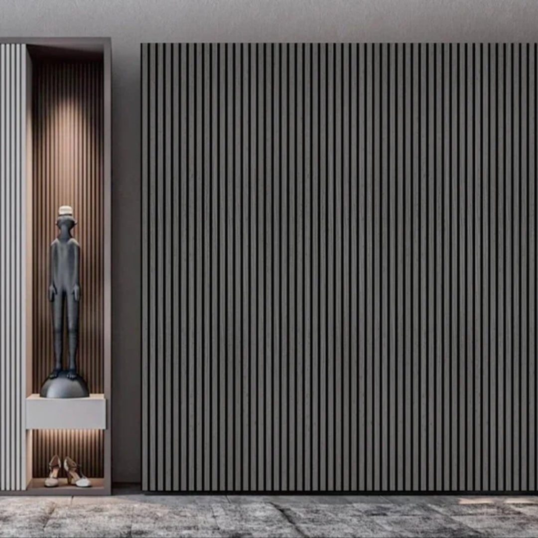 Acoustic Wall Panel 600 x 2400mm in light grey Woodgrain with HDF slats and acoustic felt backing, ideal for creating stylish feature walls with improved sound absorption.