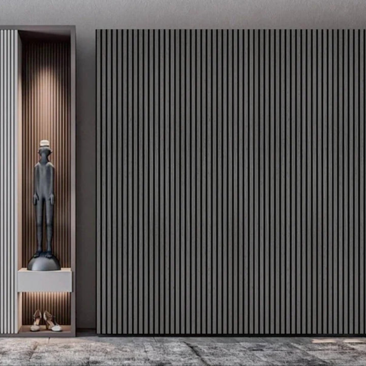 Acoustic Wall Panel 600 x 2400mm in light grey Woodgrain with HDF slats and acoustic felt backing, ideal for creating stylish feature walls with improved sound absorption.