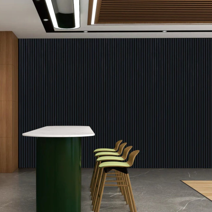 Acoustic Wall Panel 600 x 2400mm in Black Woodgrain with vertical HDF slats and black acoustic felt backing for stylish feature walls and sound absorption.