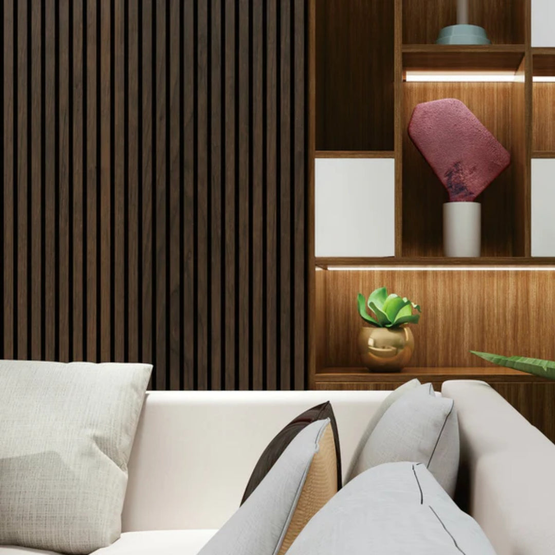 Acoustic Wall Panel 600 x 2400mm in Walnut woodgrain with HDF slats and acoustic felt backing, ideal for creating stylish feature walls with improved sound absorption.