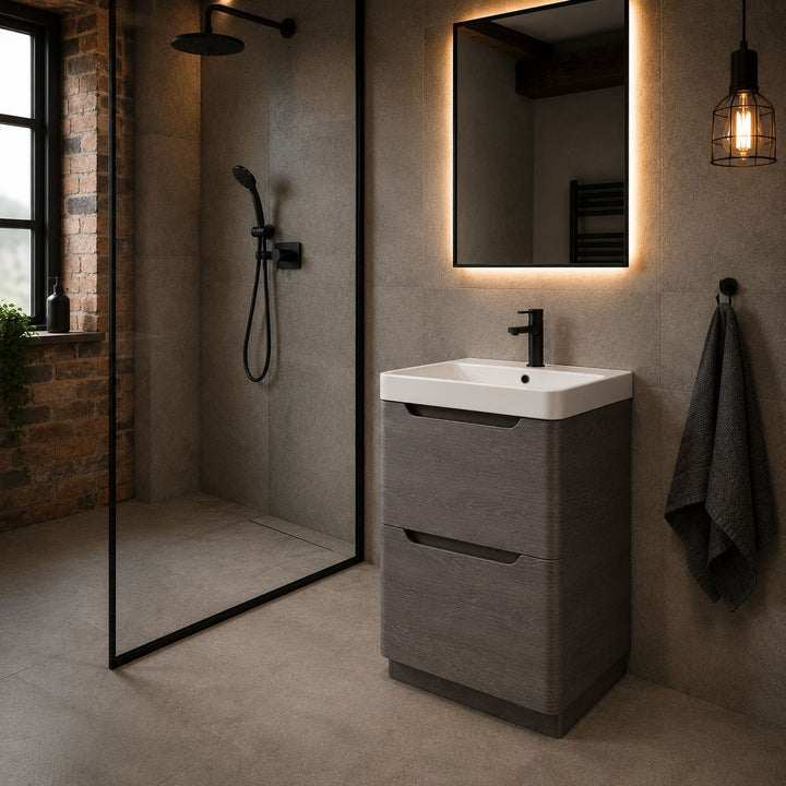 Camden 600mm 2 Drawer Floor Standing Vanity Unit and Basin - Graphite Oak