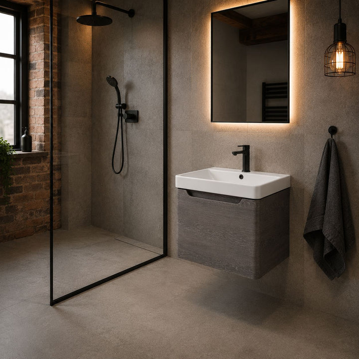 Camden 600mm 1 Drawer Wall Hung Vanity Unit and Basin - Graphite Oak