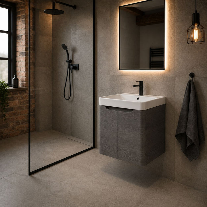 Camden 500mm 2 Door Wall Hung Vanity Unit and Basin- Graphite Oak