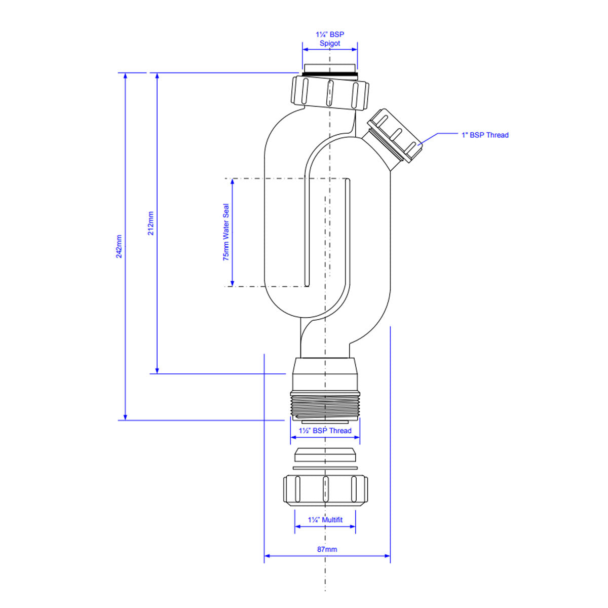 McAlpine 1.25" Pedestal Trap & Multi-Fit Outlet - Technical drawing