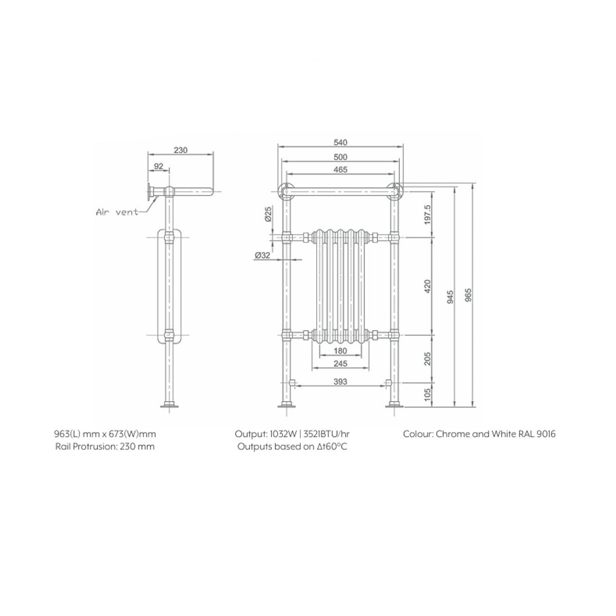 Traditional English Devon Cast Iron Bathroom Radiator - Technical drawing