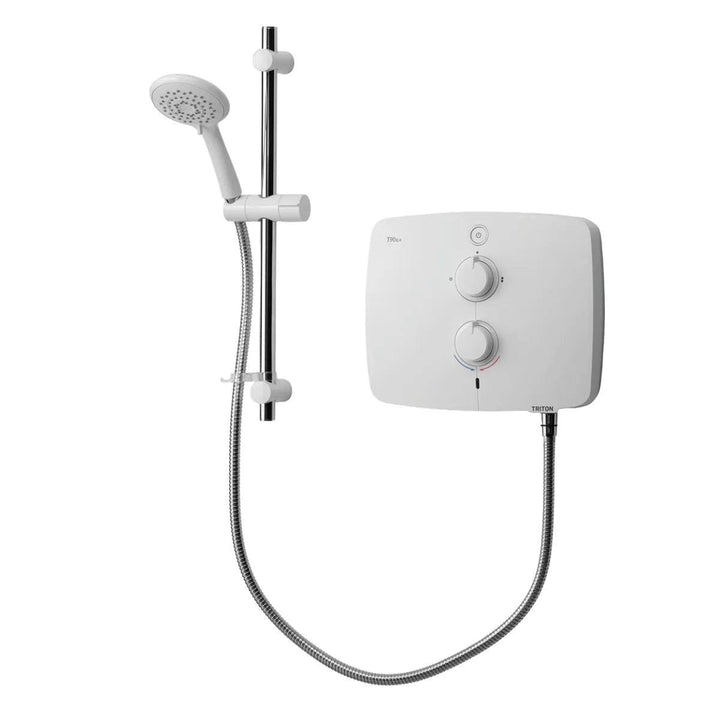 Triton T90ER 9.0kW pumped electric shower in white with integrated controls, adjustable riser rail, multi-mode handset and flexible shower hose for low-pressure water systems.