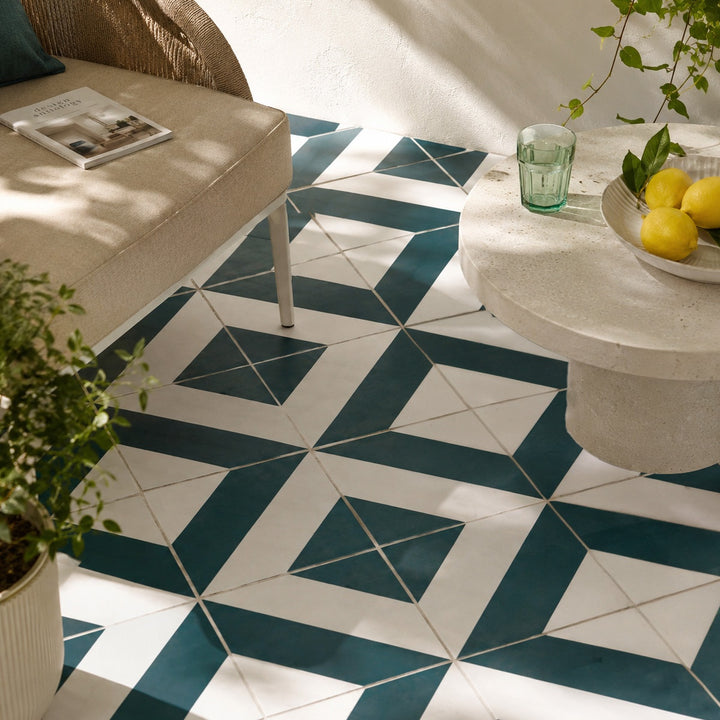 Zebra Forest 22.3 x 22.3cm porcelain pattern tiles in a forest green geometric design, installed as a stylish interior floor in a bright contemporary living space.