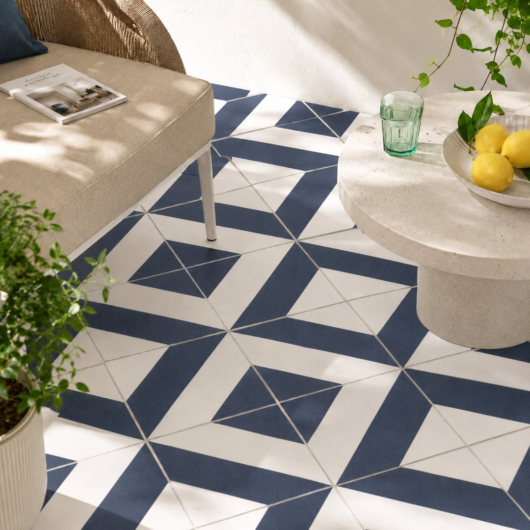 Zebra Navy 22.3 x 22.3cm porcelain pattern floor tiles featuring a bold navy and white geometric design.