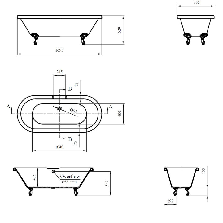 Balmoral 1700mm Double Ended Roll Top Bath with Chrome Claw &amp; Ball Feet