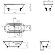 Balmoral 1700mm Double Ended Roll Top Bath with Chrome Claw & Ball Feet - Technical drawing