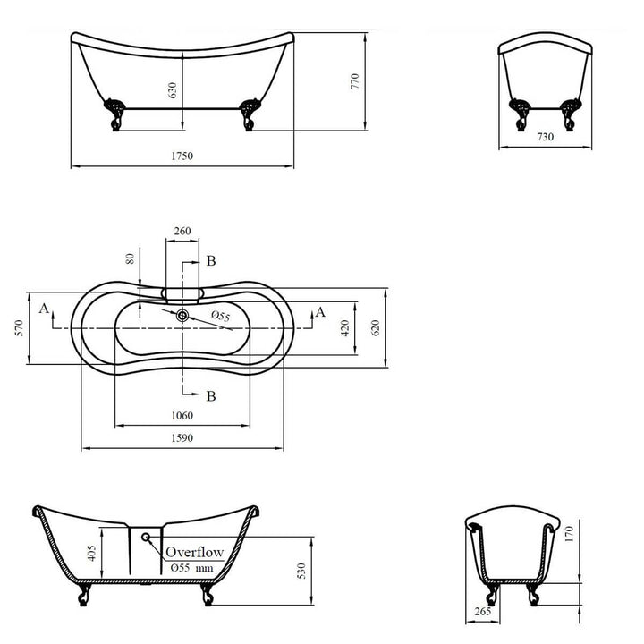 Balmoral 1750mm Double Ended Slipper Bath with White Claw &amp; Ball Feet