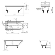 Balmoral 1700mm Freestanding Left Hand Shower Bath with Chrome Claw & Ball Feet - Technical drawing