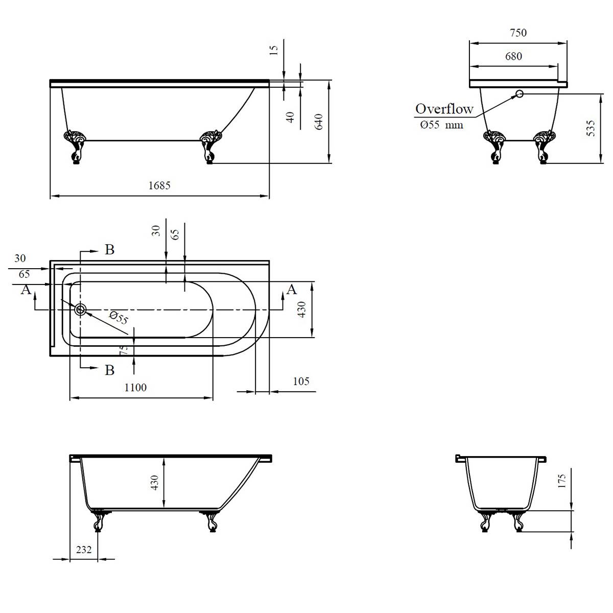 Balmoral 1700mm Freestanding Right Hand Shower Bath with Black Claw & Ball Feet - Technical drawing