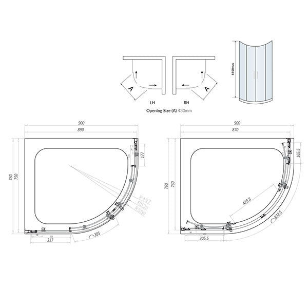 Kiimat Six 900 x 760mm Offset Quadrant Shower Enclosure