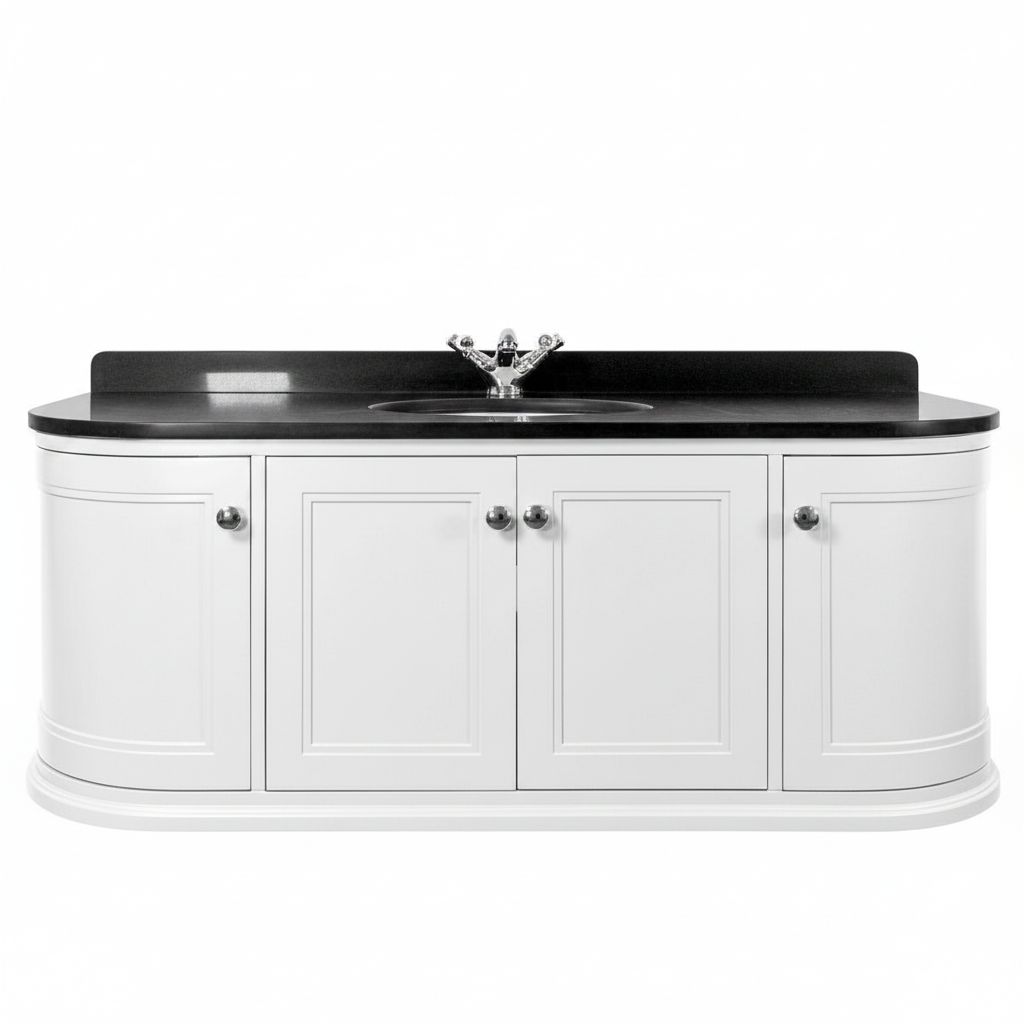 Kingsbury Classic Curved 1200mm Wall Hung Vanity Unit, Black Worktop &amp; Ceramic Basin - White