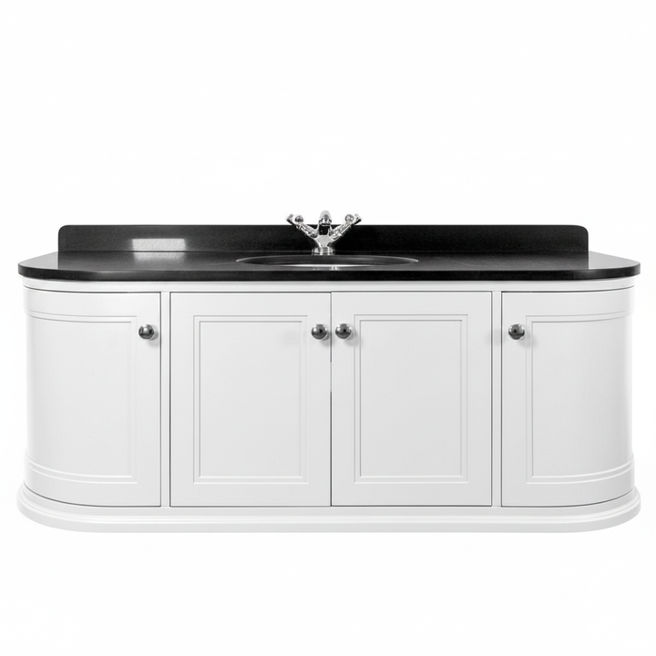Kingsbury Classic Curved 1200mm Wall Hung Vanity Unit, Black Worktop &amp; Ceramic Basin - White