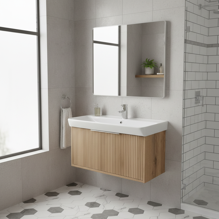 Josef Martin Lyon 800mm Wall Hung Vanity Unit &amp; Inset Basin - Acousta Oak