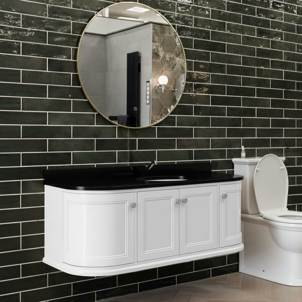 Kingsbury Classic Curved 1200mm Wall Hung Vanity Unit, Black Worktop & Ceramic Basin - White