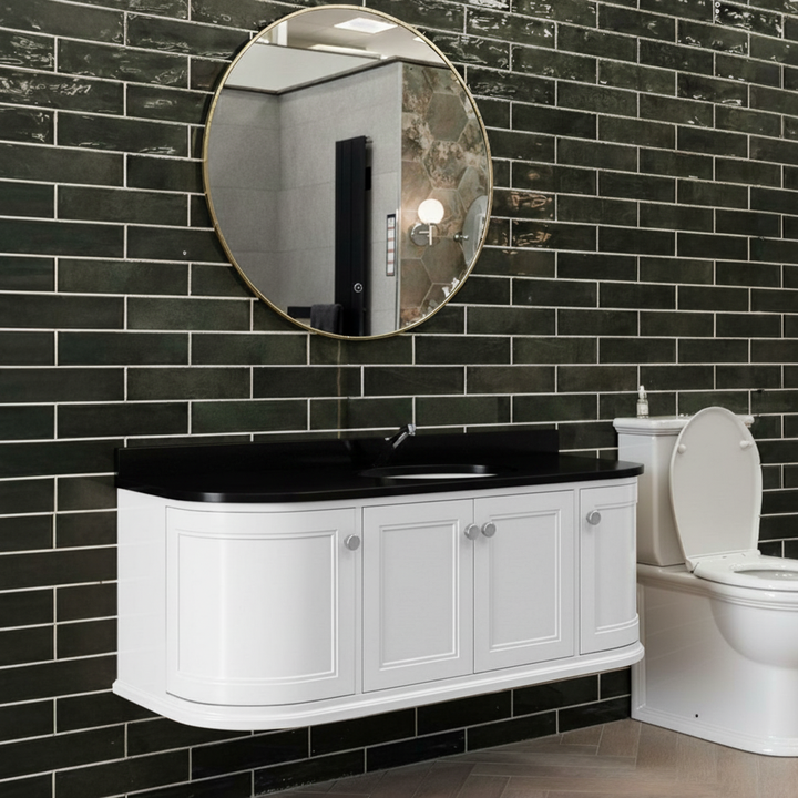Kingsbury Classic Curved 1200mm Wall Hung Vanity Unit, Black Worktop &amp; Ceramic Basin - White