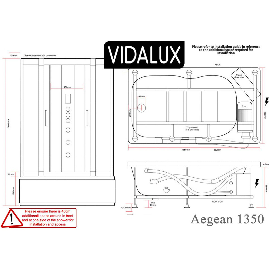 Vidalux Aegean 1350mm Whirlpool Steam Shower - Black