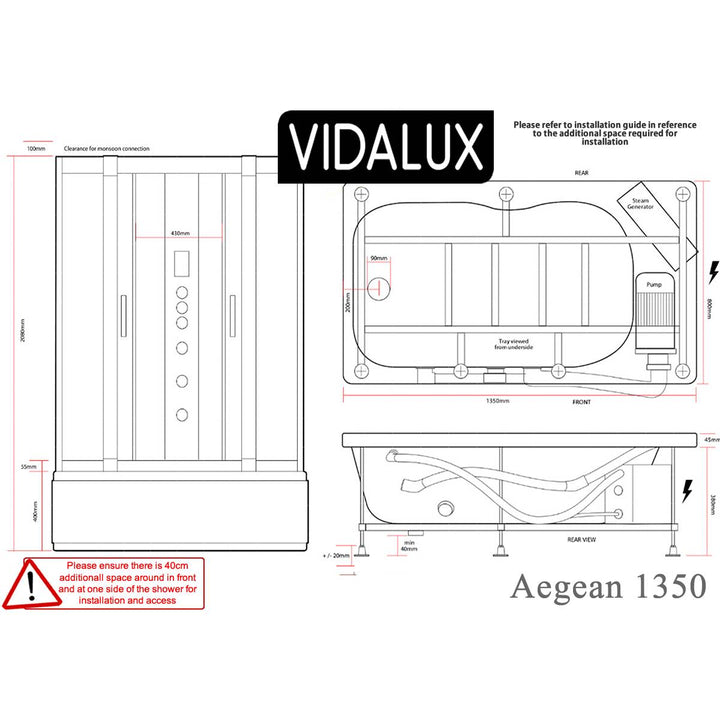 Vidalux Aegean 1350mm Whirlpool Steam Shower - Black