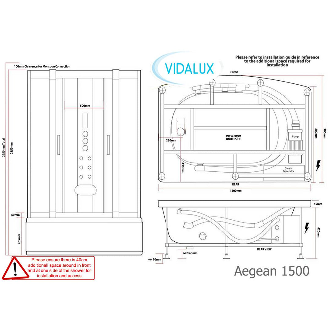 Vidalux Aegean 1500mm Whirlpool Steam Shower - Black