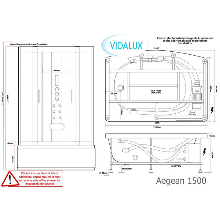 Vidalux Aegean 1500mm Whirlpool Steam Shower - Black