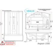 Vidalux Aegean 1500mm Whirlpool Steam Shower - Black - Technical drawing
