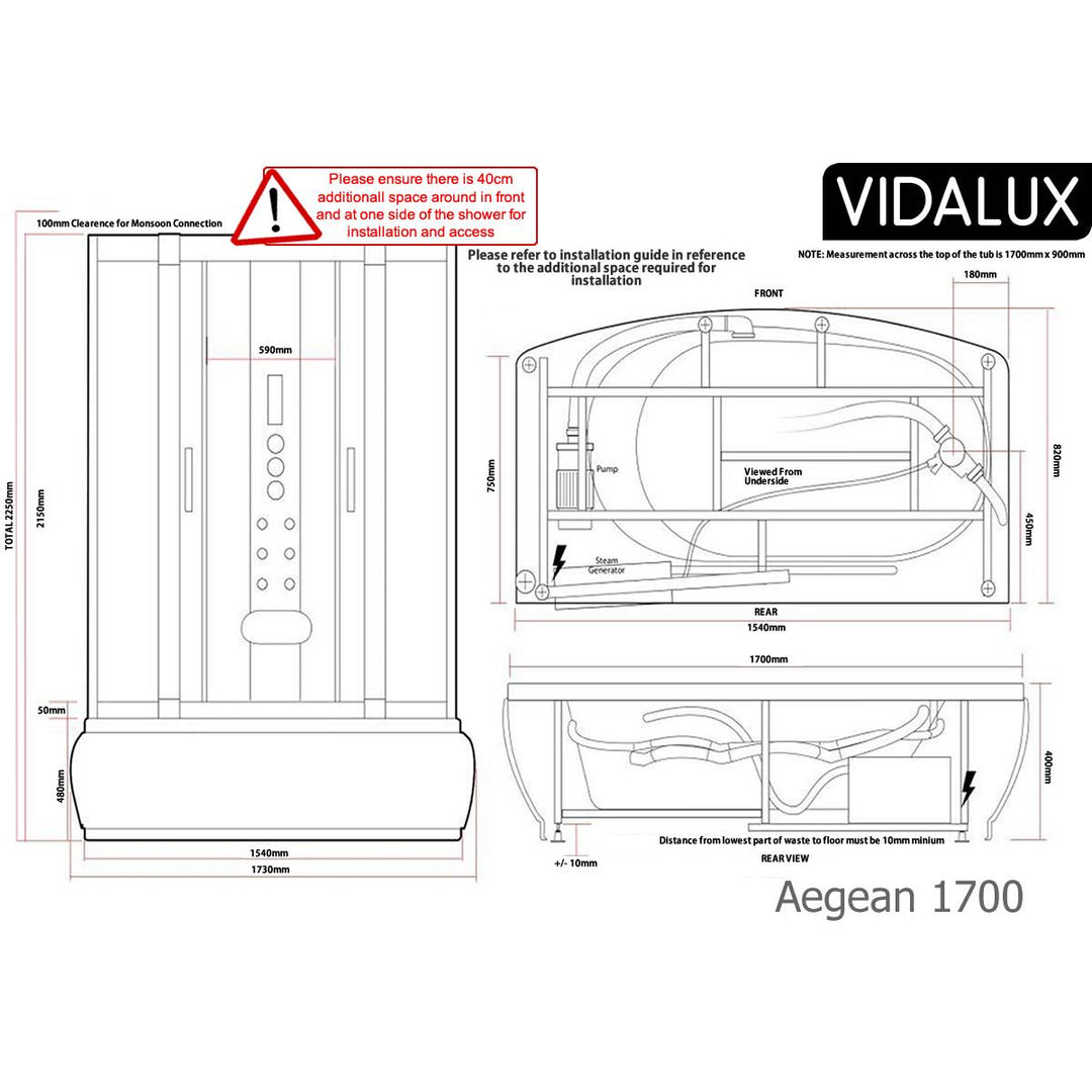 Vidalux Aegean 1700mm Whirlpool Steam Shower - Black