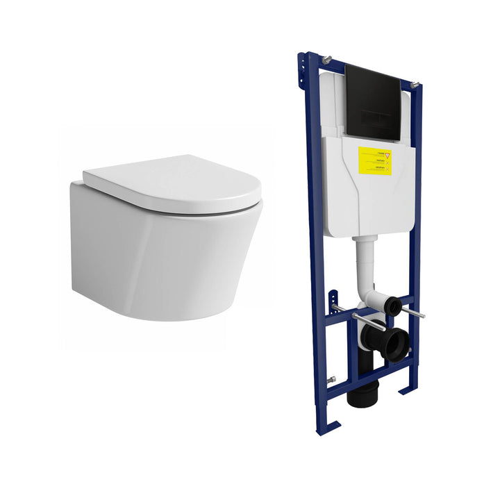 Arc Wall Hung Toilet &amp; SAN85 1.1m Wall Hung WC Frame Deal &amp; Black Flush Plate