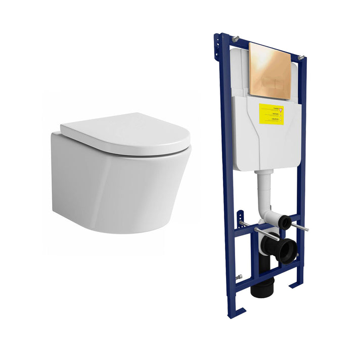 Arc Wall Hung Toilet &amp; SAN85 1.1m Wall Hung WC Frame Deal &amp; Brushed Brass Flush Plate
